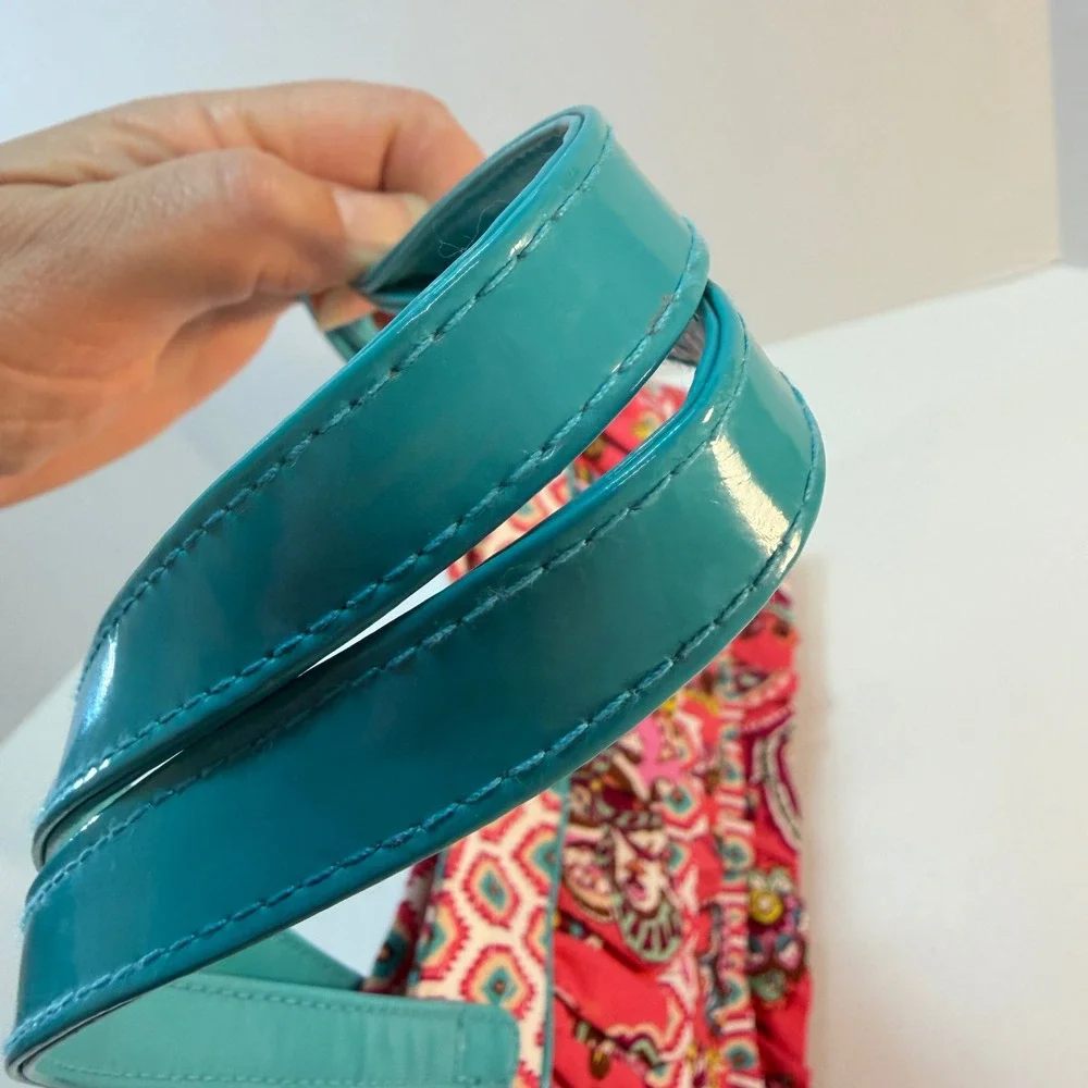 Vera Bradley Ruffle Cha Cha Purse Tote Bag Call Me Coral Fabric Teal Handle
